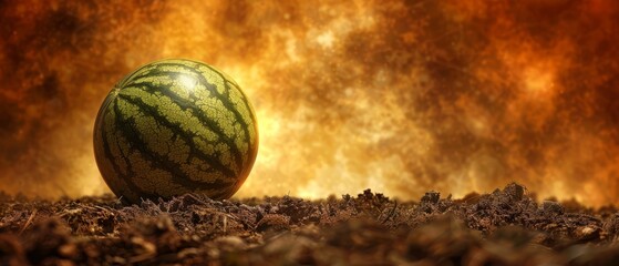   Watermelon sits on ground in front of yellow-orange backdrop with fire