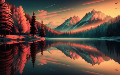 An illustration of a tranquil lake landscape, with calm waters reflecting the surrounding mountains