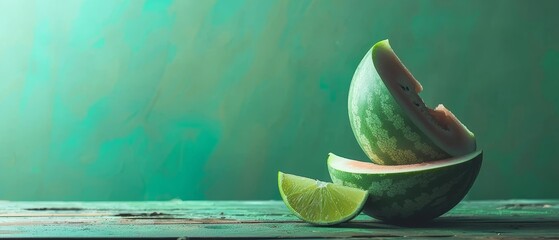   A sliver of watermelon resting on a wedge of lime beside a watermelon slice - obrazy, fototapety, plakaty