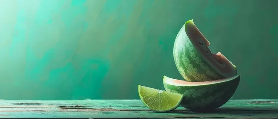Fotobehang   A sliver of watermelon resting on a wedge of lime beside a watermelon slice © Jevjenijs
