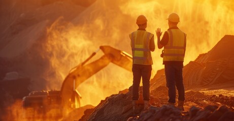 Construction site with excavator on a sunny day: Different teams of real estate developers discuss the project. Civil engineers, architects, inspectors speak