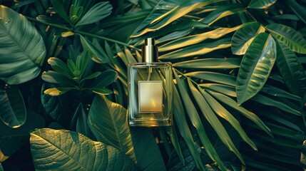 Elegant fragrance dispenser amidst tropical leaves ecoluxury beauty product concept