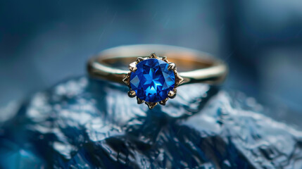 A mesmerizing sapphire ring on a textured blue surface that resembles rippling water