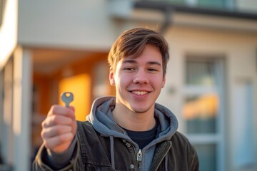 new home - young man smiling showing the key to his new apartment, outside on a sunny day