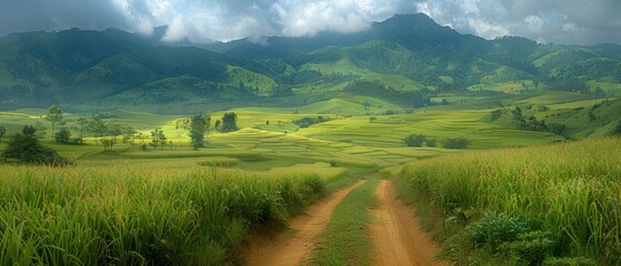   Dirt road amidst green field with mountainous backdrop and cloudy sky