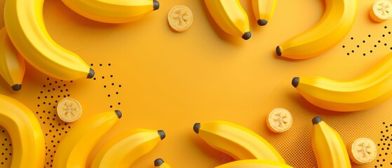   A group of ripe bananas positioned on a yellow background beside cut-out bananas - obrazy, fototapety, plakaty