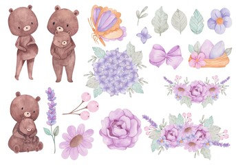 Set of bear mother cute flowers elements