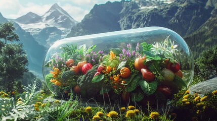 Giant capsule overflowing with fresh vegetables a fusion of natural wellness and medical innovation - obrazy, fototapety, plakaty