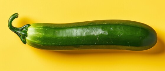   A green cucumber sits atop a yellow table beside a sheet of paper with writing