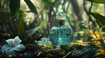 Designer perfume bottle veiled by rainforest flora serene natural elegance - obrazy, fototapety, plakaty