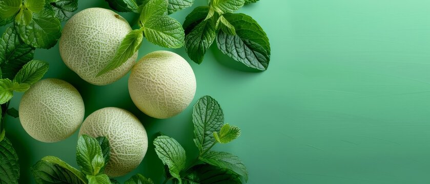   A collection of cantaloupes on a green background, surrounded by mint and other foliage, on a verdant surface