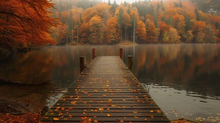 Autumnal serenity on the dock a peaceful retreat into nature - obrazy, fototapety, plakaty