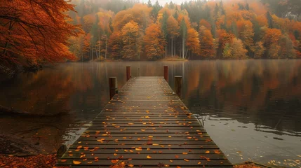 Fotobehang Autumnal serenity on the dock a peaceful retreat into nature © ParinApril