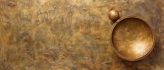   A metal bowl rests atop a wooden table, adjacent to a metal object placed on the same table - obrazy, fototapety, plakaty