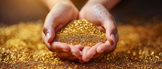   A close-up image of a hand grasping a golden glitter against a black backdrop - obrazy, fototapety, plakaty