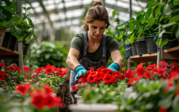 Woman cultivating red flowers in greenhouse for botanical research