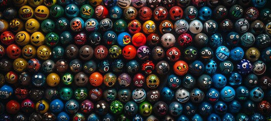 Close up of colorful emoji balls portraying diverse emotions in a vibrant assortment - obrazy, fototapety, plakaty