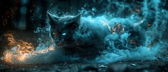   A black cat with blue eyes sits on the ground amidst blue and white flames and smoke