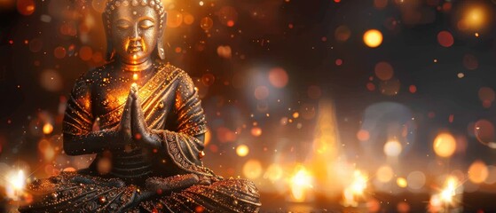   A Buddha statue sits in a room with bright lights and a hazy image of the statue behind