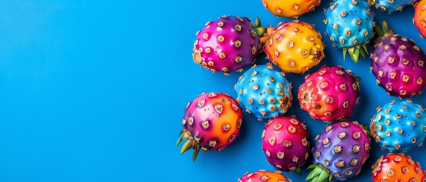  Colorful strawberries with sprinkles on a blue background, ready for text