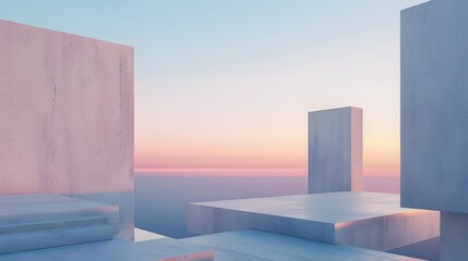 Minimalist Geometric Skyscape with Concrete Platforms: A Vision of Future Simplicity in Architectural Concept Art