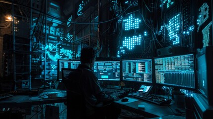 Clandestine hacker at work screens glowing in a dark datadriven lair - obrazy, fototapety, plakaty