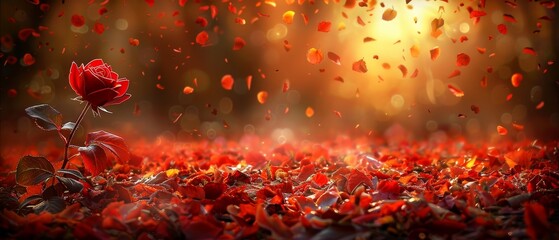   A crimson flower resting amidst a sea of scarlet foliage, bathed in golden rays - obrazy, fototapety, plakaty