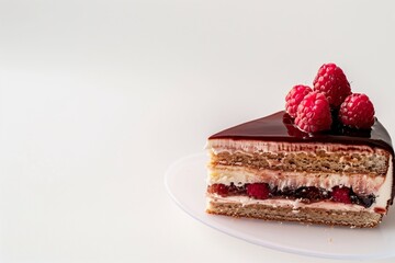 A piece of chocolate cake on a plate, decorated with raspberries on white background with copy...
