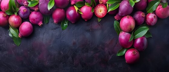   Group of pomegranates with green leaves on a dark background Space for text or image - obrazy, fototapety, plakaty