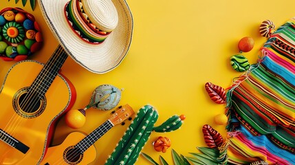 Eyecatching Traditional paper flag maracas guitar and large sombrero for cinco de mayo holiday
