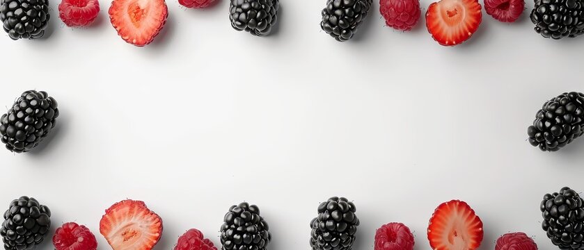   Raspberries, blackberries arranged rectangularly on white background