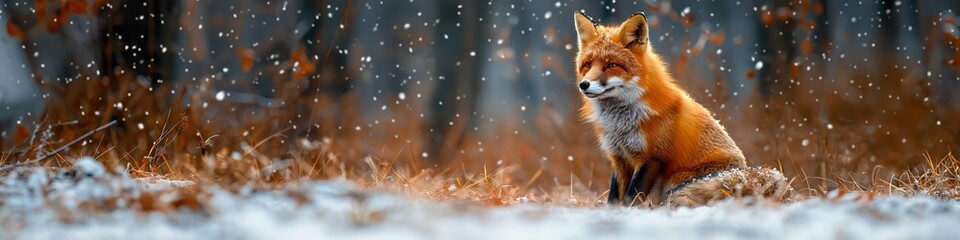 red fox in winter in forest with snow - obrazy, fototapety, plakaty