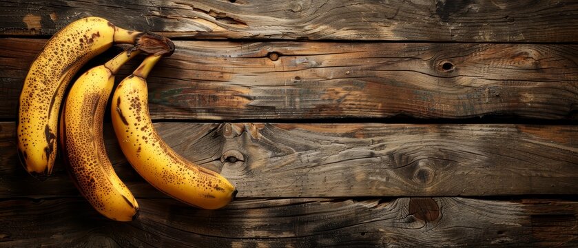   A cluster of ripe bananas resting atop a wooden table alongside a piece of peeling painted wood