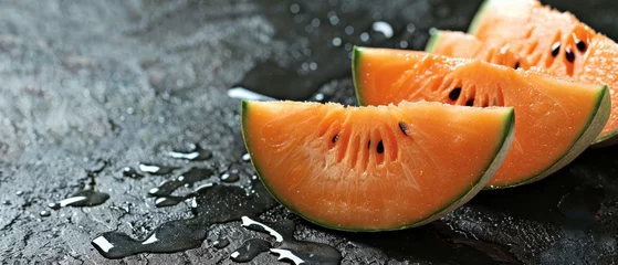 Foto op Plexiglas   Watermelon slices on black surface with water droplets © Jevjenijs