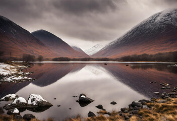 Cloudy sky over mountains and water at Loch Etive near Glen Etive, Scotland. - obrazy, fototapety, plakaty