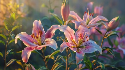 Fototapeta na wymiar Gentle dance of lilies basking in morning light a tranquil floral symphony