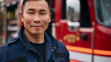 Asian Male Firefighter Standing In Front Of A Fire Truck