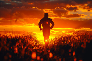 Silhouette of Runner Against Fiery Sunset Sky.