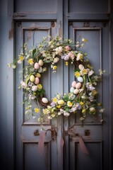 Colorful Easter egg wreath on wooden door with spring blooms