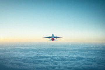 Airplane Soaring Above Clouds at Sunrise.