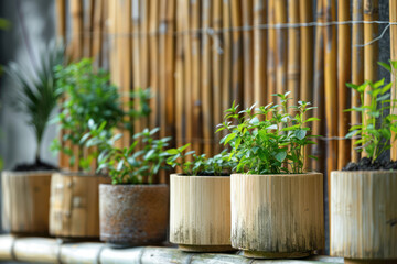 Row of Bamboo Planters With Lush Plants