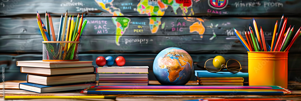 Poster a global perspective: a globe rests on a background of books, symbolizing the breadth of knowledge a