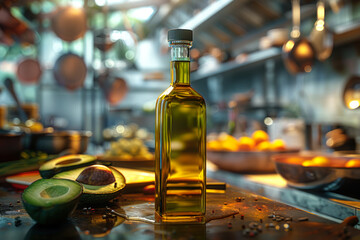 Olive Oil Bottle on Busy Kitchen Counter.
