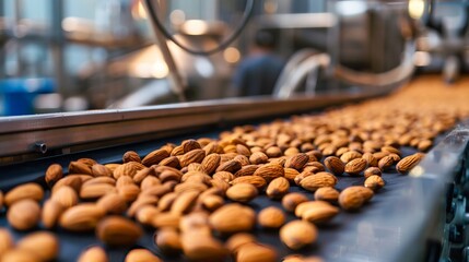 Conveyor belt teeming with almonds in a bustling hightech food production line