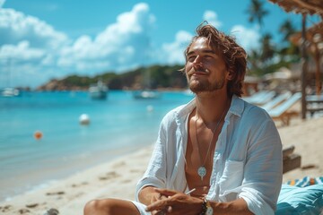 Serene man in white shirt on sunny beach, palm trees, birch sea view
