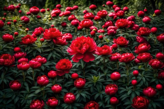 A blooming red peony bush in the garden. 