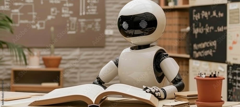 Poster humanoid ai robot with book surrounded by holographic math formulas in blurred background