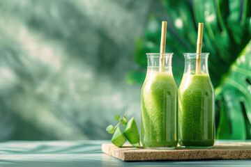Two Bottles Filled With Green Smoothie on Table