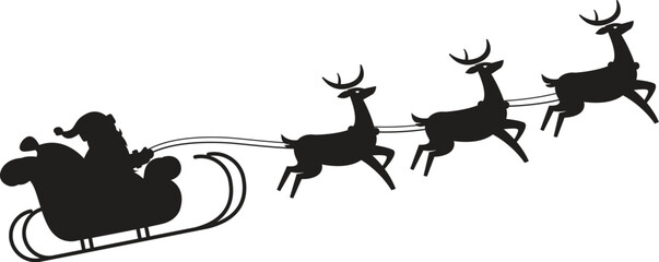 Santa Claus flying while pulling a reindeer in a sleigh. vector illustration