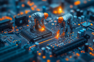 Miniature cleaners working together on a circuit board cpu with a vivid neon light. Generative AI - obrazy, fototapety, plakaty